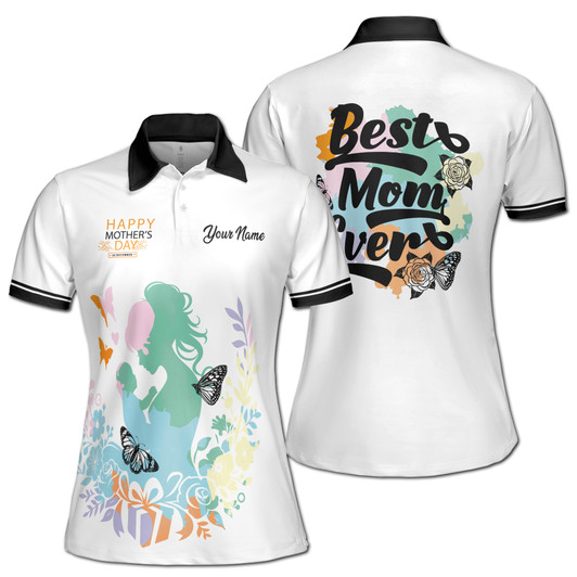 Custom Name Mom Quote Best Mom Ever White Floral Women's Polo Shirt S-5XL