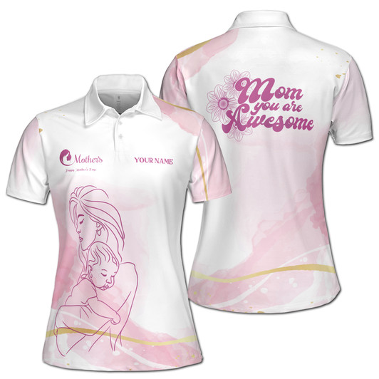 Custom Name Mom You Are Awesome Floral White Pink Women's Polo Shirt S-5XL
