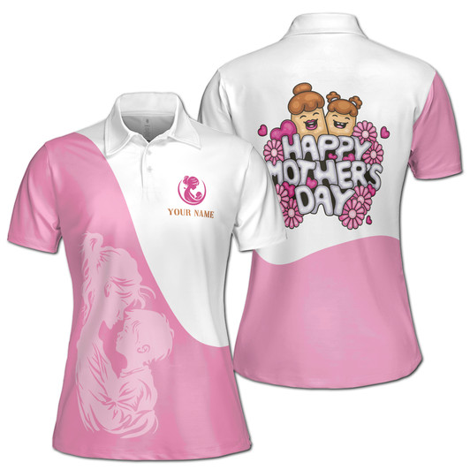 Custom Name Mom Child Floral Pink White Women's Polo Shirt S-5XL