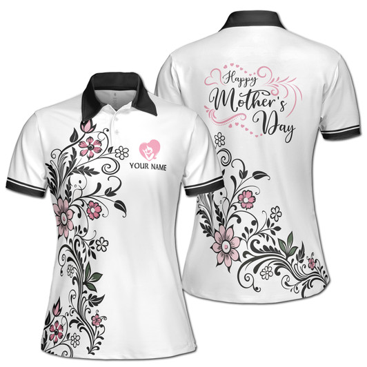 Custom Name Mom Baby Floral Black White Women's Polo Shirt S-5XL