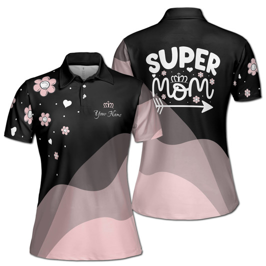Custom Name Super Mom Floral Black Pink Women's Polo Shirt S-5XL