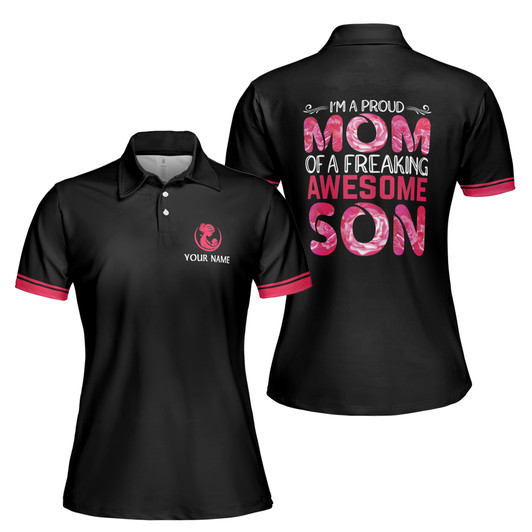 Custom Name Mom Quote Proud Of Awesome Son Black Women's Polo Shirt S-5XL