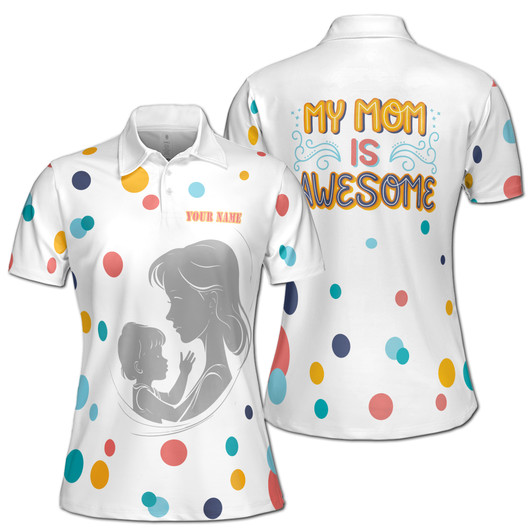 Custom Name My Mom Is Awesome Waves Dots Pattern White Women's Polo Shirt S-5XL