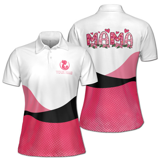 Custom Name Mama Heart Floral Dots Pattern White Pink Women's Polo Shirt S-5XL