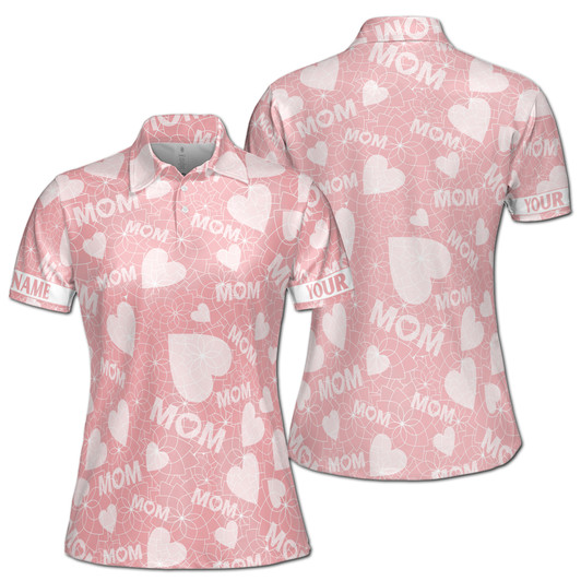 Custom Name Mom Floral Heart Pattern Pink Women's Polo Shirt S-5XL, For Mom