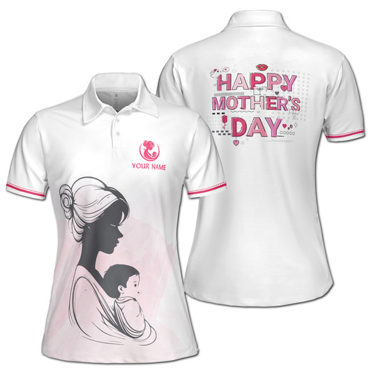 Custom Name Happy Mom Baby Floral Hearts Lip White Women's Polo Shirt S-5XL