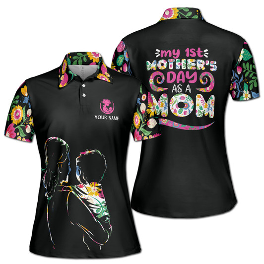 Custom Name First As A Mom Flora Pattern Black Colorful Women's Polo Shirt S-5XL