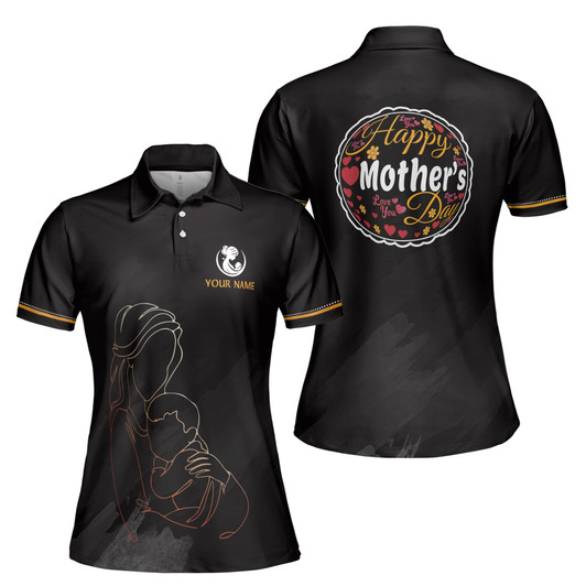 Custom Name Happy Mom Baby Floral Hearts Pattern Black Women's Polo Shirt S-5XL