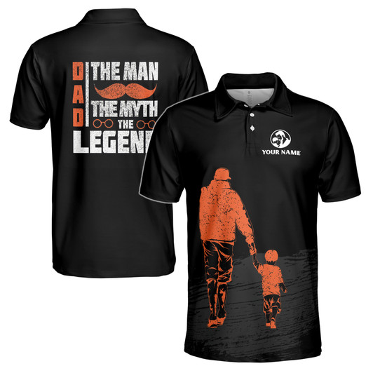 Custom Name Dad Mustache Man Myth Legend Black 3D Men's Polo Shirt S-5XL
