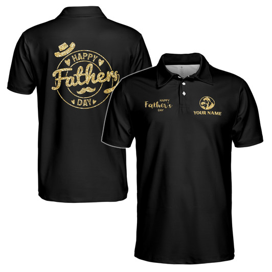 Custom Name Happy Dad Fedora Mustache Heart Black 3D Men's Polo Shirt S-5XL
