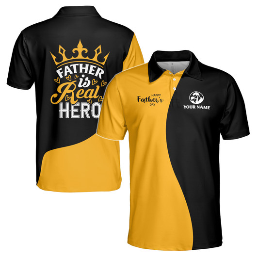 Custom Name Dad Real Hero Crown Black Yellow 3D Men's Polo Shirt S-5XL