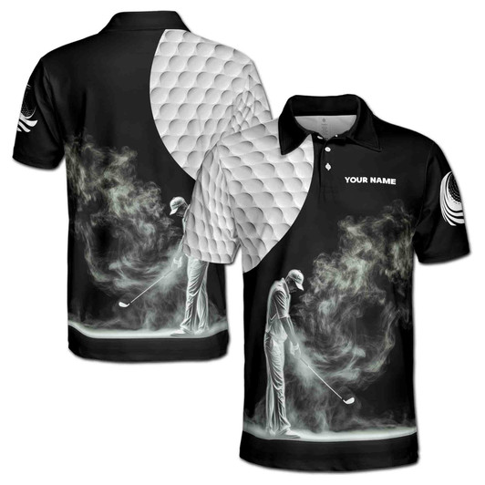 Custom Name Golf Ball Golfer Silhouette Black White 3D Men's Polo Shirt S-5XL