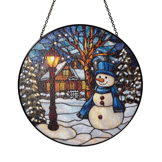 Snowy Night Snowman Stained Glass Suncatcher Window Hanging Decor