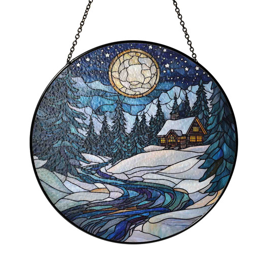 Moonlit Cabin Winter Scene Stained Glass Suncatcher Window Hanging Decor