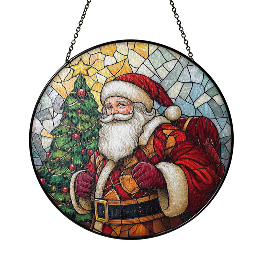 Santa Claus Christmas Tree Stained Glass Suncatcher Window Hanging Decor