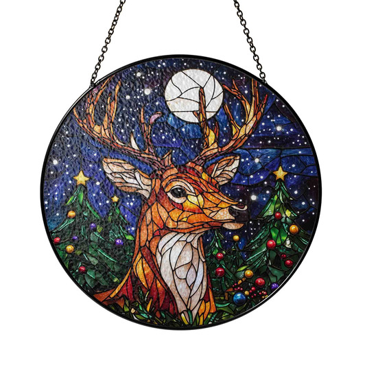 Christmas Reindeer Night Sky Stained Glass Suncatcher Window Hanging Decor