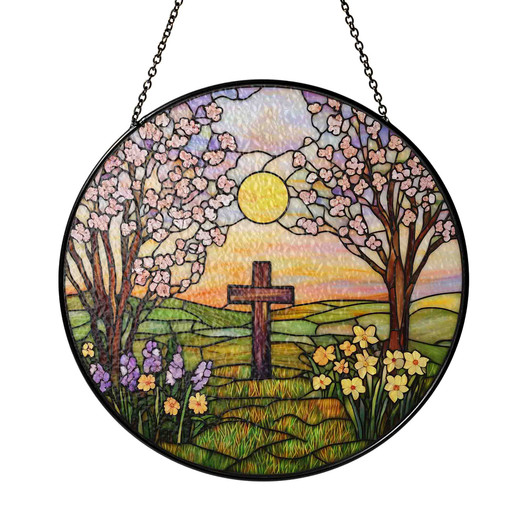 Spring Cross with Blossoms Stained Glass Suncatcher Window Hanging Christian Decor