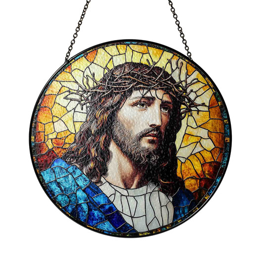 Jesus with Crown of Thorns Stained Glass Suncatcher Religious Window Hanging