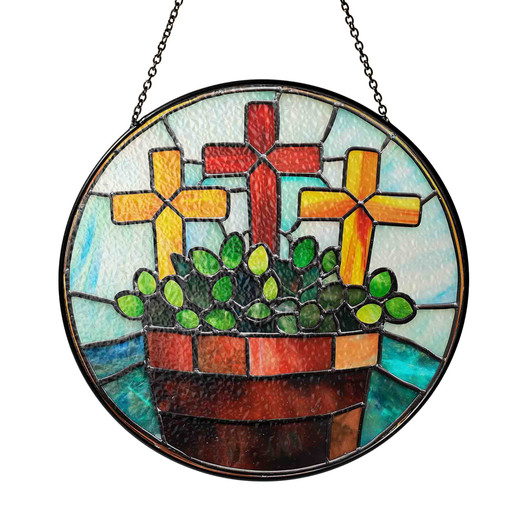Crosses and Plant Pot Stained Glass Suncatcher Christian Window Hanging Decor