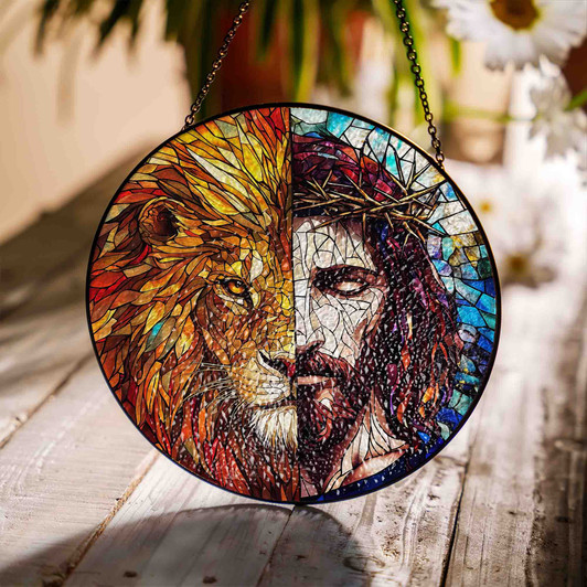 Jesus and Lion Stained Glass Suncatcher with Crown of Thorns Religious Window Hanging Decor