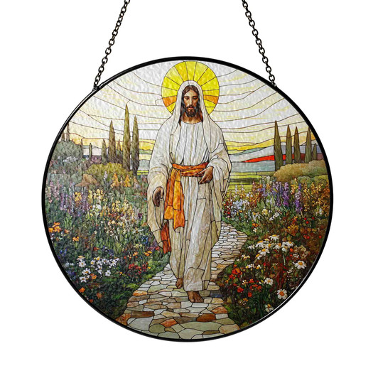 Jesus Walking in Garden Stained Glass Suncatcher Religious Window Hanging Decor