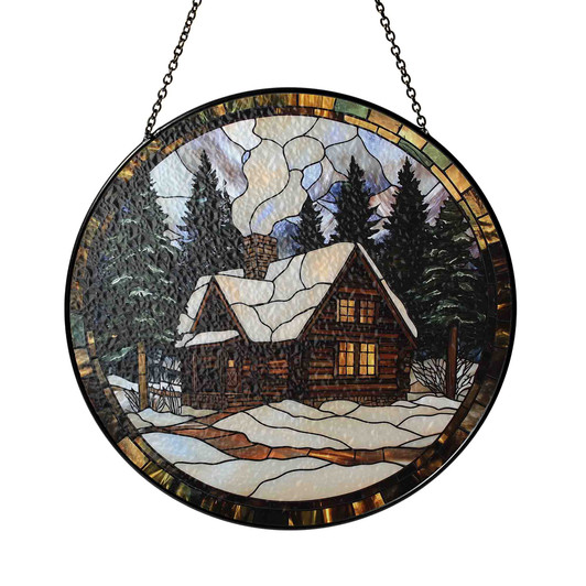Winter Cabin Stained Glass Suncatcher with Snowy Forest Holiday Window Hanging Decor