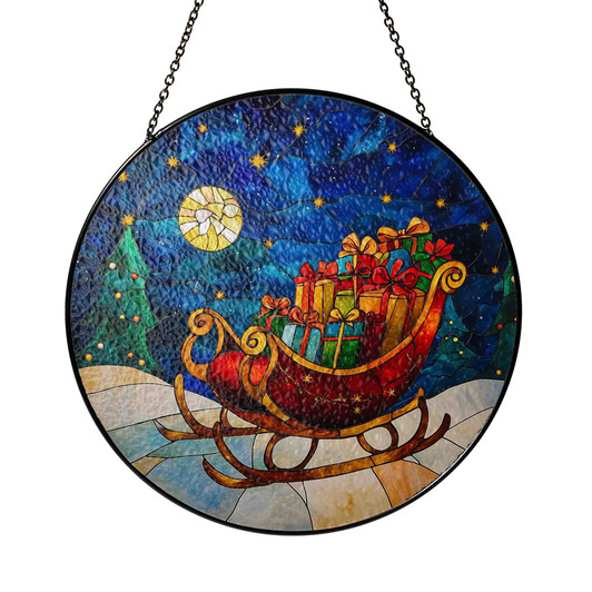 Christmas Sleigh Stained Glass Suncatcher with Gifts and Starry Night Holiday Window Hanging Decor