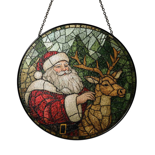 Santa with Reindeer Stained Glass Suncatcher Holiday Window Hanging Decor