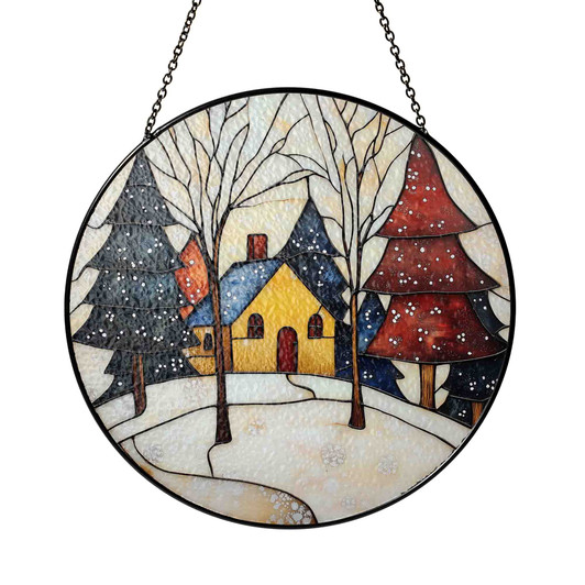 Winter House Stained Glass Suncatcher with Snowy Trees Holiday Window Hanging Decor