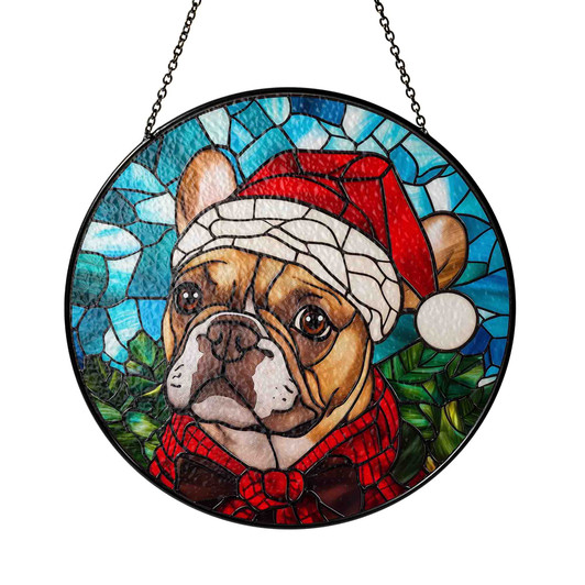French Bulldog Stained Glass Suncatcher – Christmas Dog Window Hanging Holiday Decor