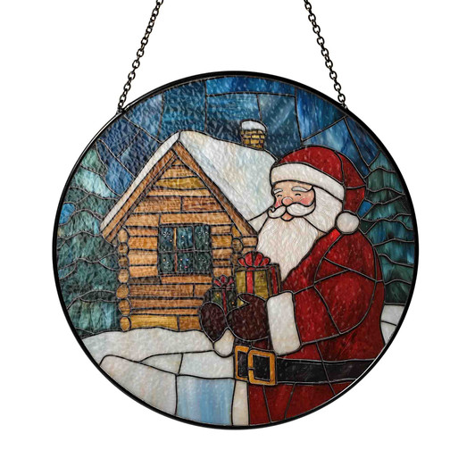 Santa Claus Stained Glass Suncatcher – Christmas Cabin Window Hanging Holiday Decor