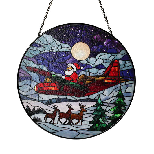 Santa Sleigh Christmas Stained Glass Suncatcher Reindeer Winter Night Moon Window Hanging Holiday Home Decor