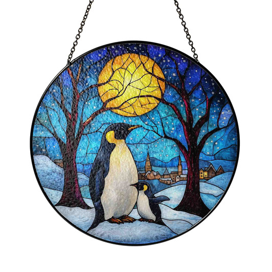 Penguin Stained Glass Suncatcher Holiday Window Hanging Winter Decor with Moon and Village