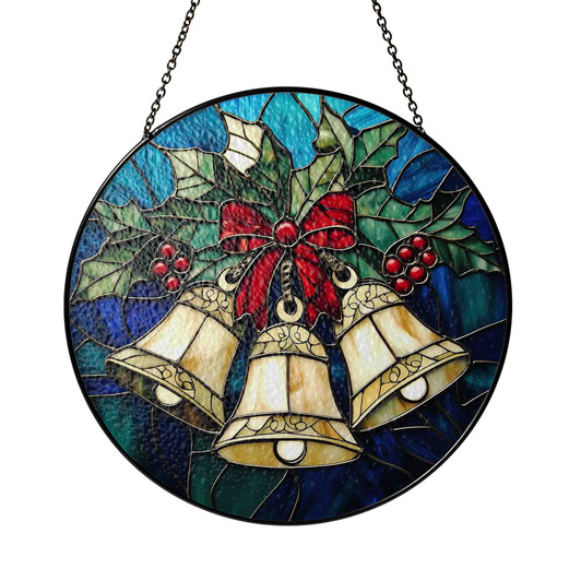 Christmas Bells Stained Glass Suncatcher Holiday Window Hanging Decor with Holly and Red Bow