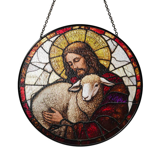 Jesus Holding Lamb Stained Glass Suncatcher – Christian Good Shepherd Window Hanging Decor