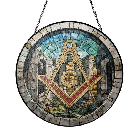 Freemason Symbol Stone Ruins Gray Stained Glass Masonic Suncatcher
