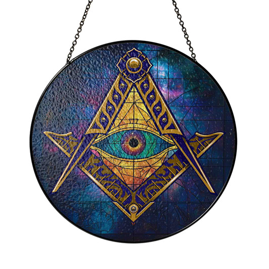 All Seeing Eye Galaxy Gold Blue Masonic Stained Glass Suncatcher