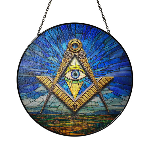 Masonic Symbol Freemasonry Earth And Sky All Seeing Eye Blue Brown Stained Glass Suncatcher