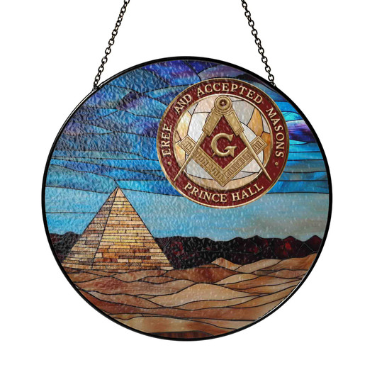 Masonic Pyramid Sun Emblem Circle Yellow Red Blue Glass Suncatcher