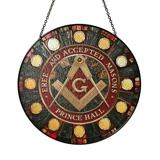 Masonic Symbol Freemasonry Round Table Red Gold Stained Glass Suncatcher