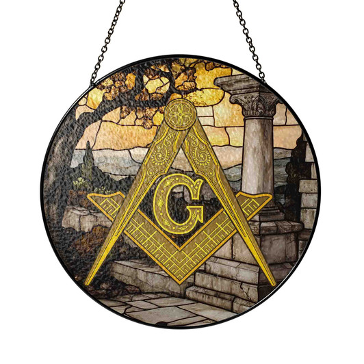 Masonic Symbol Freemasonry Lone Stone Pillar Gray Yellow Stained Glass Suncatcher