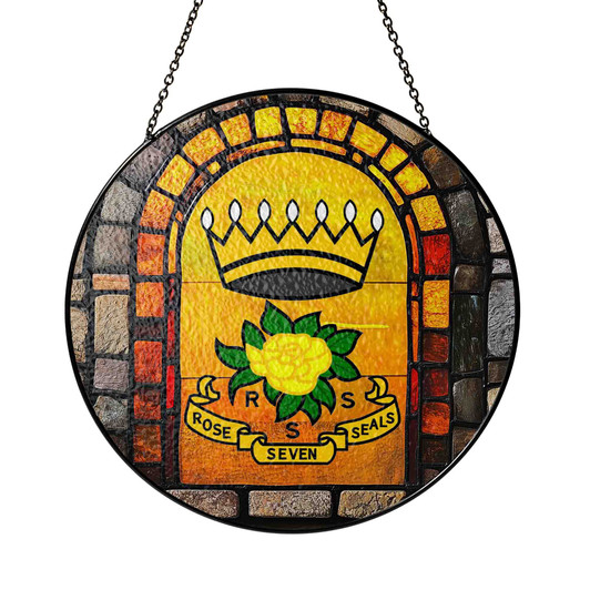 Freemason Wall Tablet And Rose of The Seven Seals Symbol Yellow Stained Glass Suncatcher
