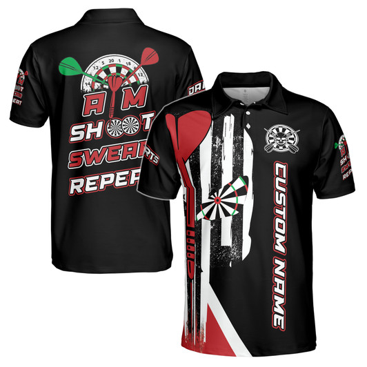Customize Name Darts Aim Shoot Swear Repeat Black White Red 3D Men's Polo Shirt S-5XL