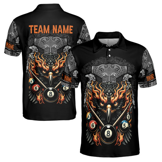 Customize Name Billiard Balls Flaming Eagle Tribal Pattern Black 3D Men's Polo Shirt S-5XL