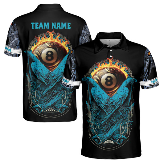 Customize Name Billiard Balls Ravens Fire Black Blue 3D Men's Polo Shirt S-5XL