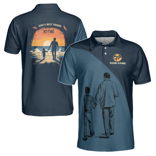 Custom Name Dad's Best Friend Sunset Dark Blue 3D Men's Polo Shirt S-5XL