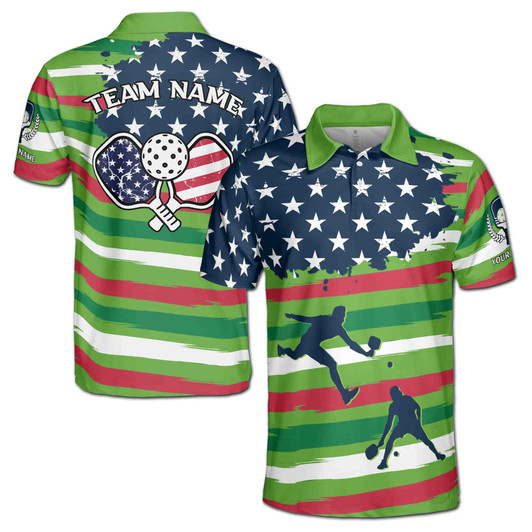 Custom Name Pickleball Player USA Green Colorful 3D Men's Polo Shirt S-5XL