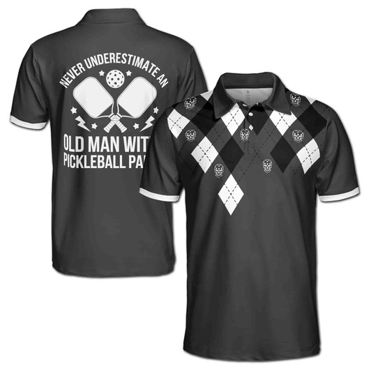 Pickleball Paddle Never Underestimate Old Black White 3D Men's Polo Shirt S-5XL