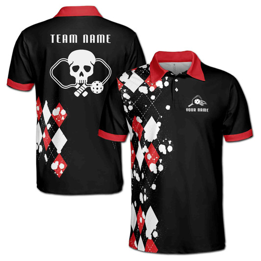 Custom Name Pickleball Paddle Skull Black White Red 3D Men's Polo Shirt S-5XL