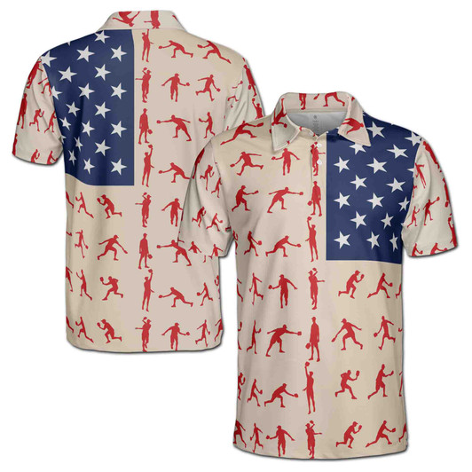 Pickleball Paddle Players Stars USA Flag Pattern Beige Red Blue 3D Men's Polo Shirt S-5XL